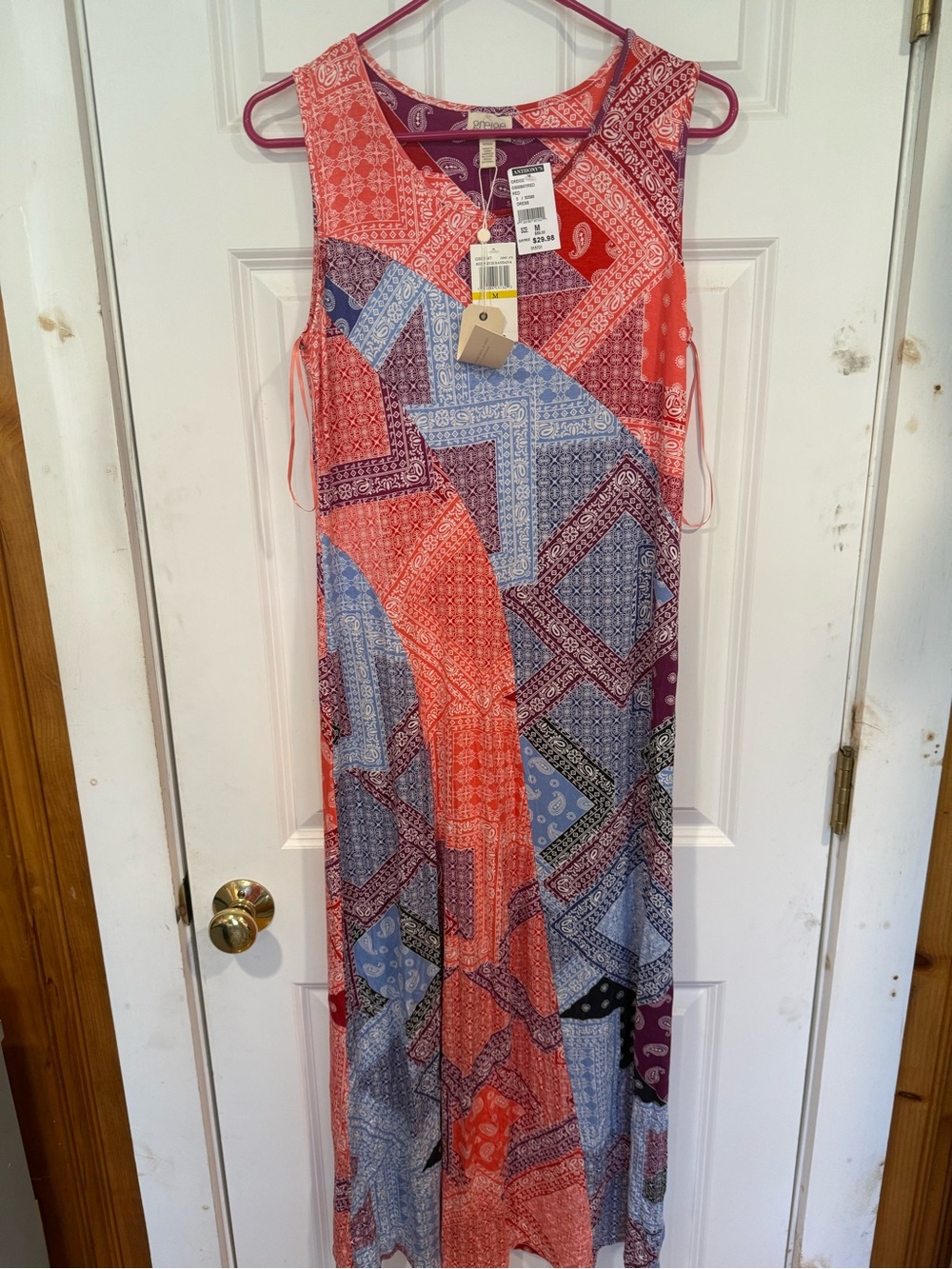 Sleeveless Patchwork Maxi Dress in Coral and Blue
